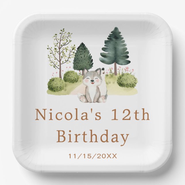 Woodland Wolf Birthday Party Paper Plates (Front)
