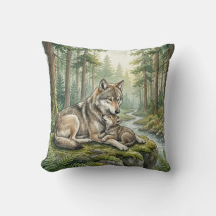 Woodland Wolf Family Kids Throw Pillow