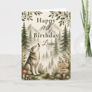 Woodland Wolf First Birthday Card