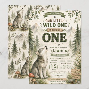Woodland Wolf First Birthday Invitation