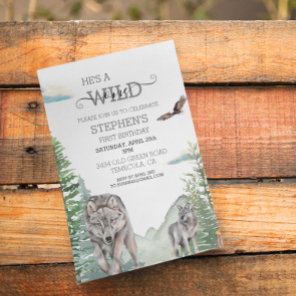 Woodland Wolf Forest Wild One Birthday Invitation
