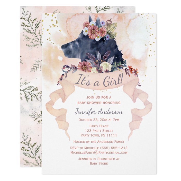 woodland wolf watercolor floral baby girl shower invitation  zazzle