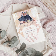 Woodland Wolf Watercolor Floral Baby Girl Shower Invitation