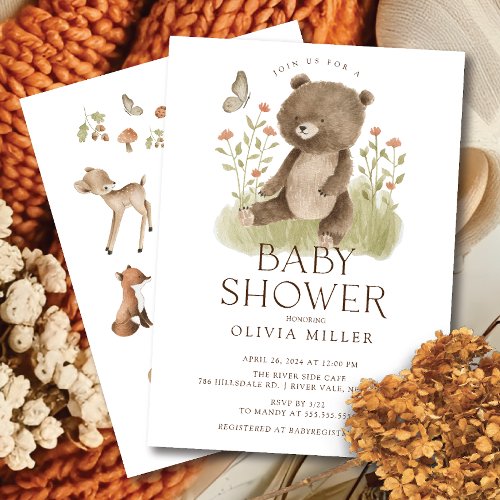 Woodland Wonder Bear Baby Shower Invitation