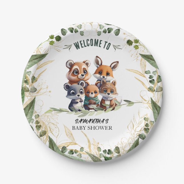 Woodland Wonders: A Forest Friends Baby Shower Paper Plates (Front)