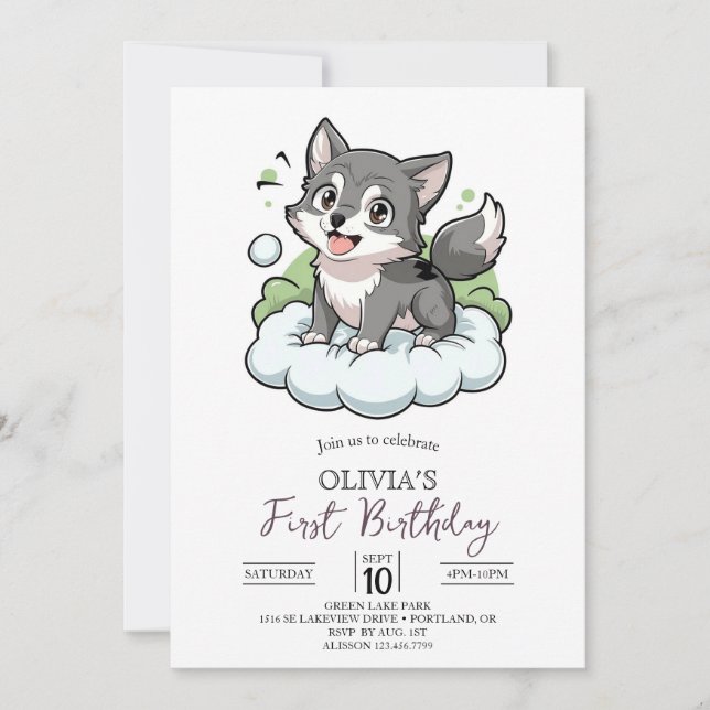 Woodland Woods Digital Wolf 1st Birthday Invitation (Front)