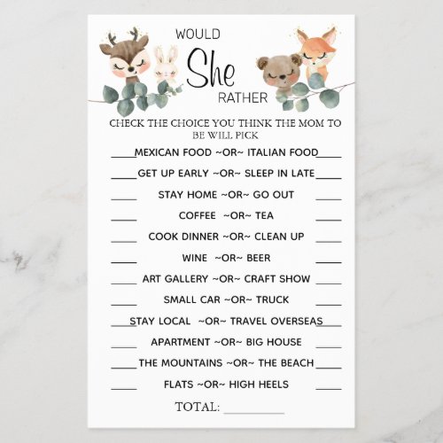 Woodland Would She Rather baby shower game card Flyer