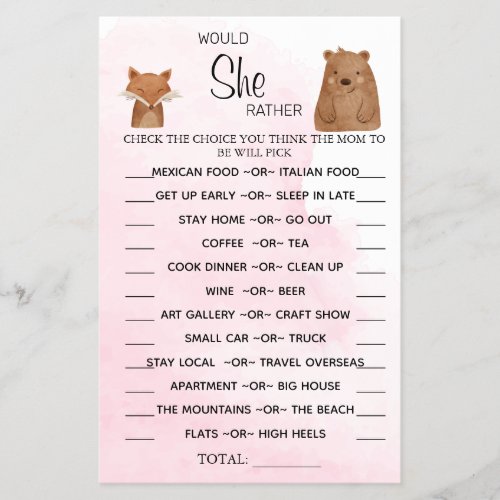 Woodland Would She Rather baby shower game card Flyer