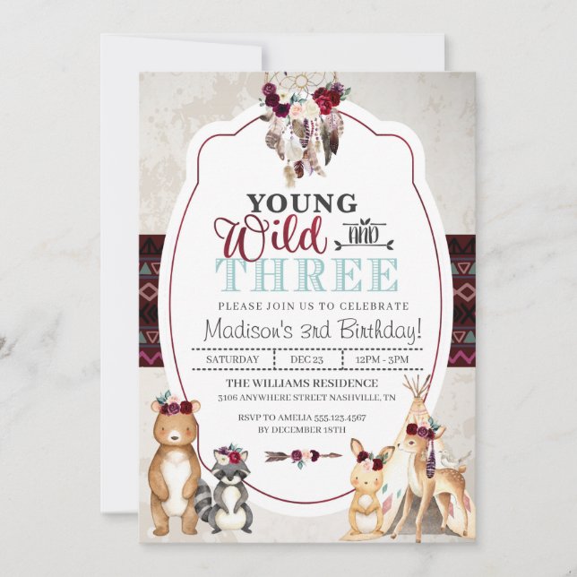 Woodland Young Wild and Three Birthday Invitation (Front)
