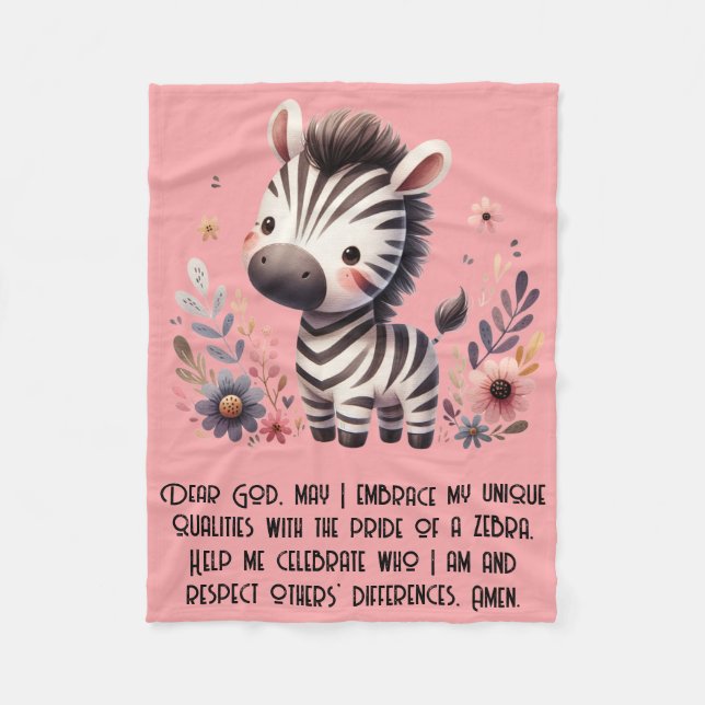Woodland Zebra Kids Christian Prayer on Pink | Fleece Blanket (Front)