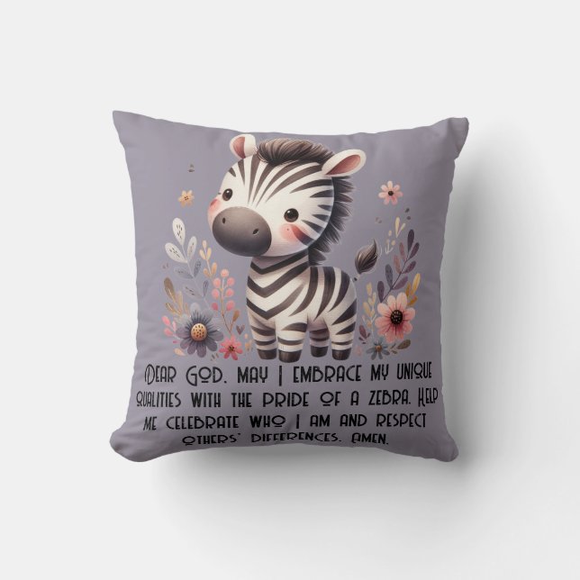 Woodland Zebra Kids Christian Prayer on Purple | Throw Pillow (Front)
