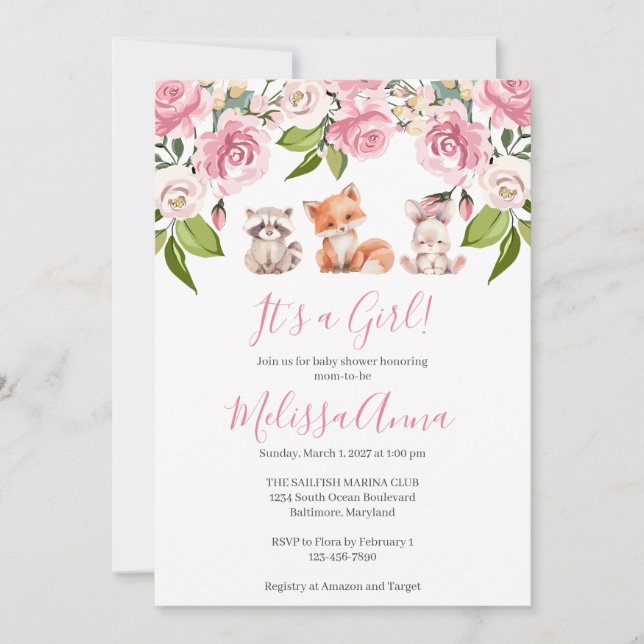 Woodlands Baby Girl Shower Invitation (Front)