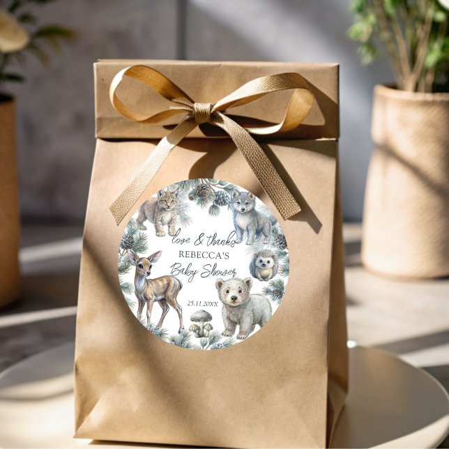 Woodlands cute baby animals baby shower favor classic round sticker (Woodlands cute baby animals baby shower thank you favor stickers baby shower favors)