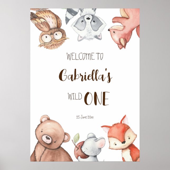 Woodlands forest animals birthday welcome sign (Front)