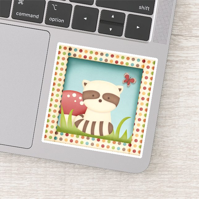 Woodlands Raccoon Cartoon Die Cut Sticker Decal (Detail)