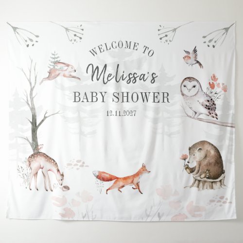 Woodlands Watercolor Forest Animals Baby Shower Tapestry