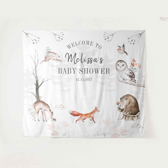 Woodlands Watercolor Forest Animals Baby Shower Tapestry (Front (Horizontal))