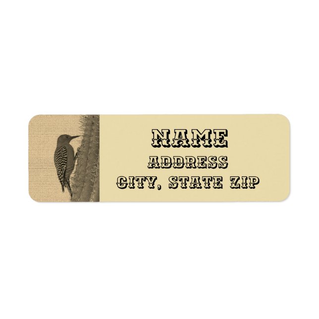 Woodpecker and Saguaro Cactus Sepia Southwest Label (Front)