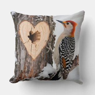 Woodpecker Beside Heart-Shaped Tree Hole Throw Pillow