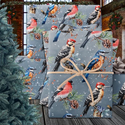 Woodpecker Bullfinch Blue Bird First Winter Snow Wrapping Paper Sheets