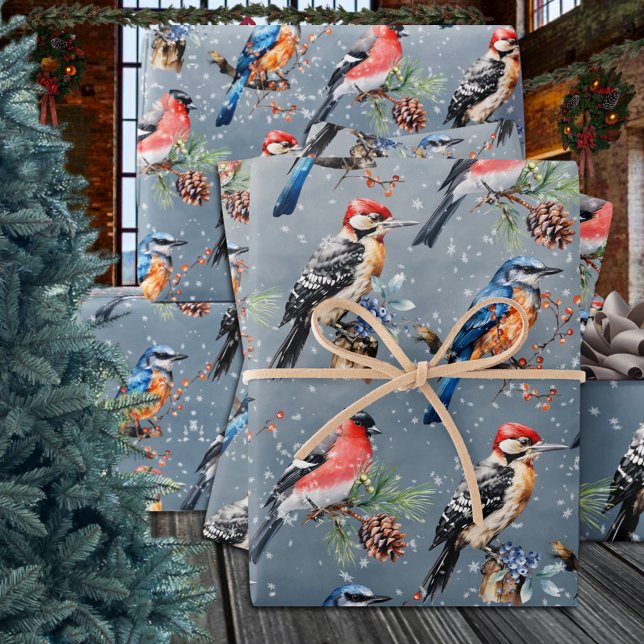 Woodpecker Bullfinch Blue Bird First Winter Snow Wrapping Paper Sheets (Woodpecker Bullfinch Blue Bird First Winter Snow Wrapping Paper Sheets Trio)