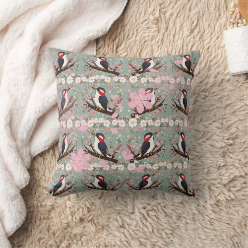 Woodpecker Floral Pattern Throw Pillow