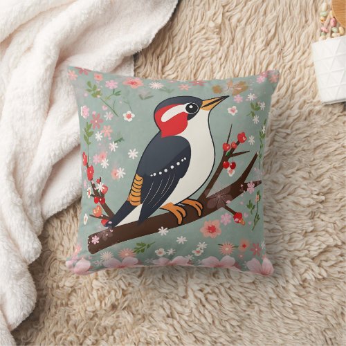 Woodpecker Floral Print Throw Pillow