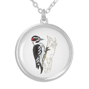 Woodpecker illustration silver plated necklace
