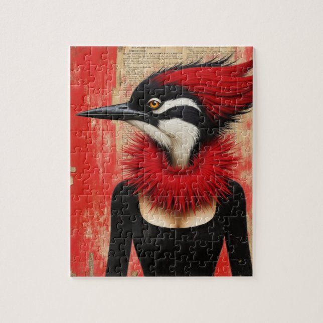 Woodpecker in a black dress fantasy jigsaw puzzle (Vertical)