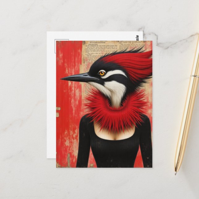 Woodpecker in a black dress fantasy postcard (Front/Back In Situ)