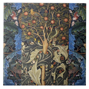 WOODPECKER IN FRUIT TREE ,BIRDS ,PEACOCKS ,BLUE CERAMIC TILE