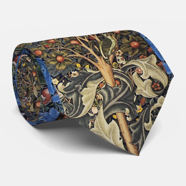 WOODPECKER IN FRUIT TREE ,BIRDS ,PEACOCKS ,BLUE  NECK TIE (Rolled)