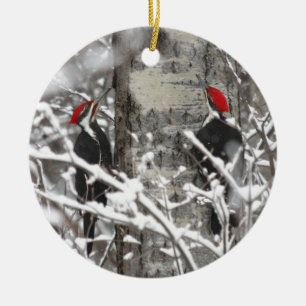Woodpecker In Winter Ceramic Ornament
