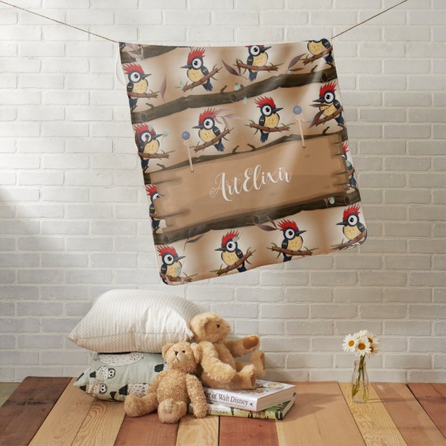 Woodpecker Kawaii Leaves Print Baby Blanket (In Situ)