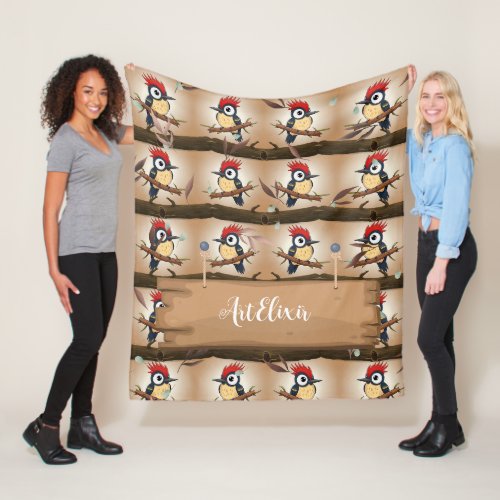 Woodpecker Kawaii Leaves Print Fleece Blanket