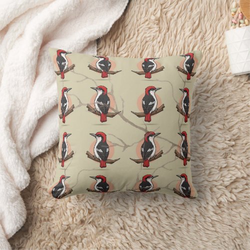 Woodpecker Wood Print  Throw Pillow