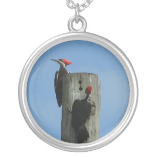Woodpeckers on a Pole Photograph Silver Plated Necklace