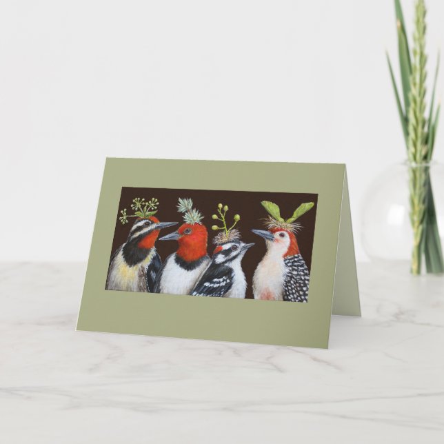 Woodpeckers on Green Hat night card (Front)