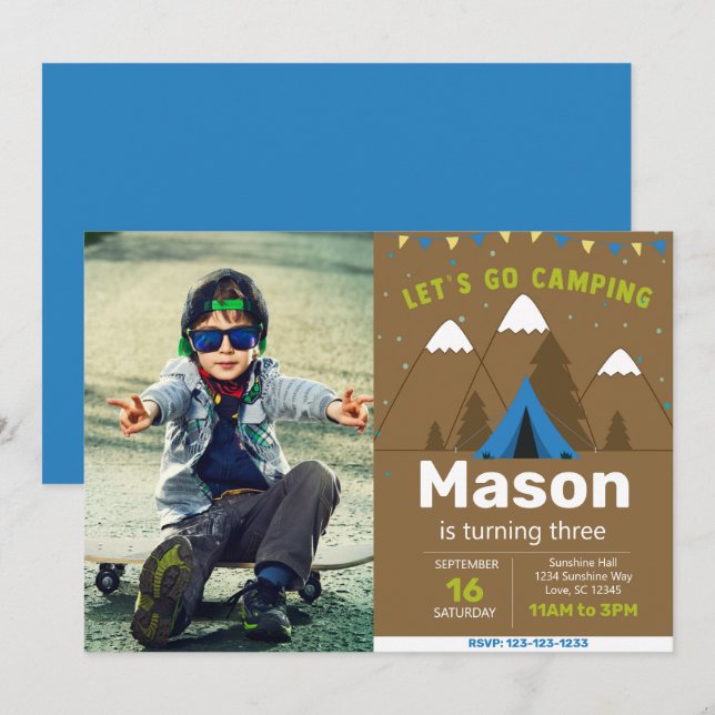 Woods Blue Camping Birthday Invite with picture (Front/Back)