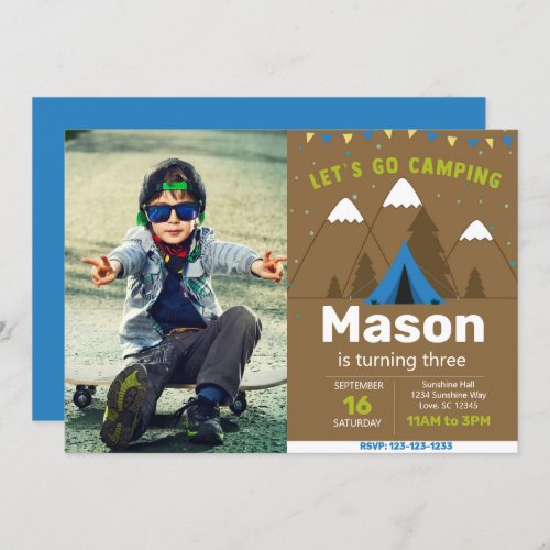 Woods Blue Camping Birthday Invite with picture