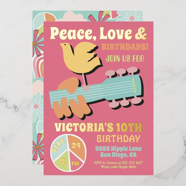 Woodstock Hippie Birthday Party Foil Invitation (Front/Back)