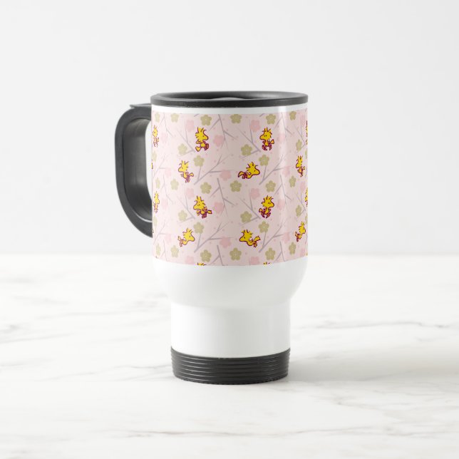Woodstock Pink Cherry Blossom Pattern Travel Mug (Front Left)