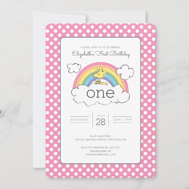 Woodstock Rainbow First Birthday Invitation (Front)