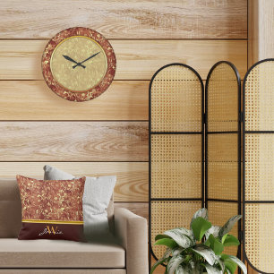 Woodsy Brown Abstract Cosmos Gold Trim Monogram Throw Pillow