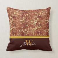 Woodsy Brown Abstract Cosmos Gold Trim Monogram Throw Pillow