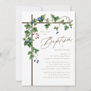 Woodsy Brown Cross Botanical Grapevine Baptism Invitation