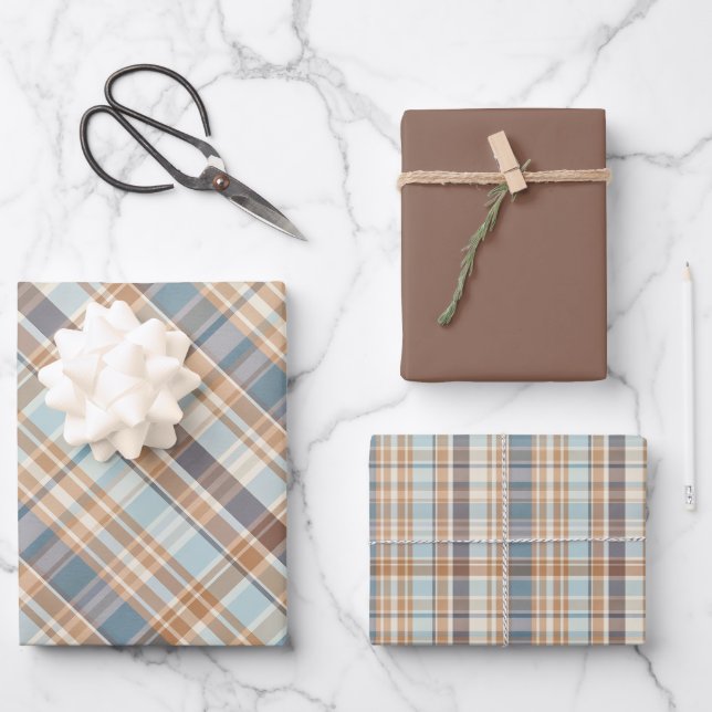 Woodsy Brown, Grays, Tan & Cream Plaid Wrapping Paper Sheets (Front)