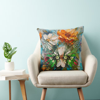 Woodsy Butterfly & Colorful Flowers Throw Pillow