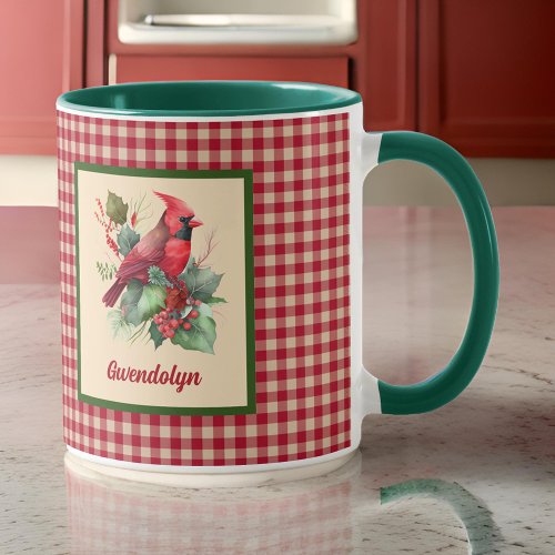 Woodsy Cardinal with Gingham Monogram Christmas Mug