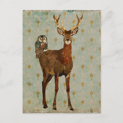 Woodsy Elk  Teal Owl Damask Postcard